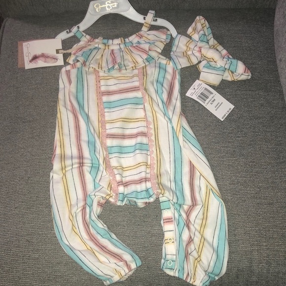Jessica Simpson Other - Jessica Simpson Baby Striped Romper with Matching Headband Size 6-9 Months